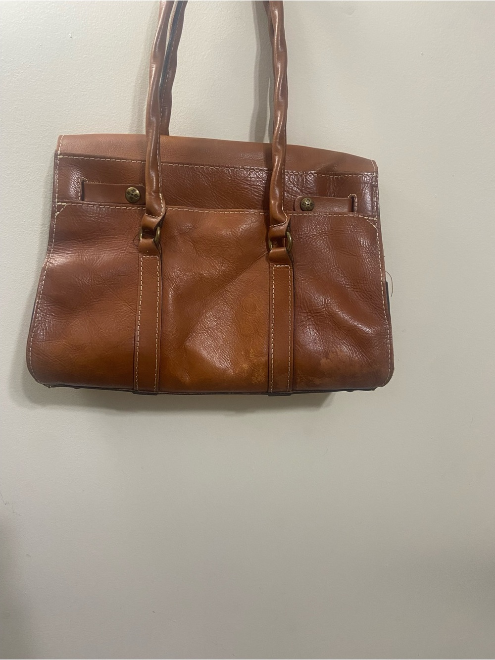 Patricia Nash Cognac Brown Leather Satchel with Twist Handles - Picture 13 of 16